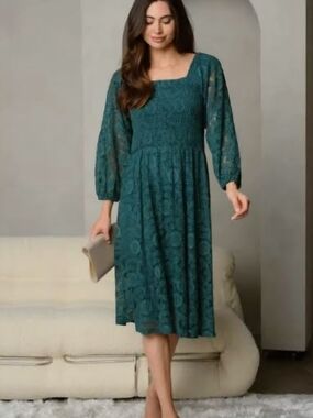 Feminine Pologram Deep Teal Lined Lace Midi Dress with Smocked Bodice, Medium